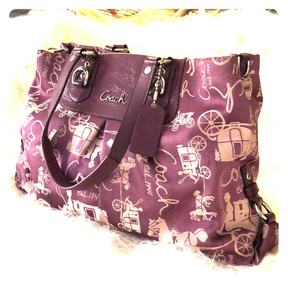 Rare Coach Large Ashley Horse & Carriage Satin Carryall 2 WAY bag in Purple